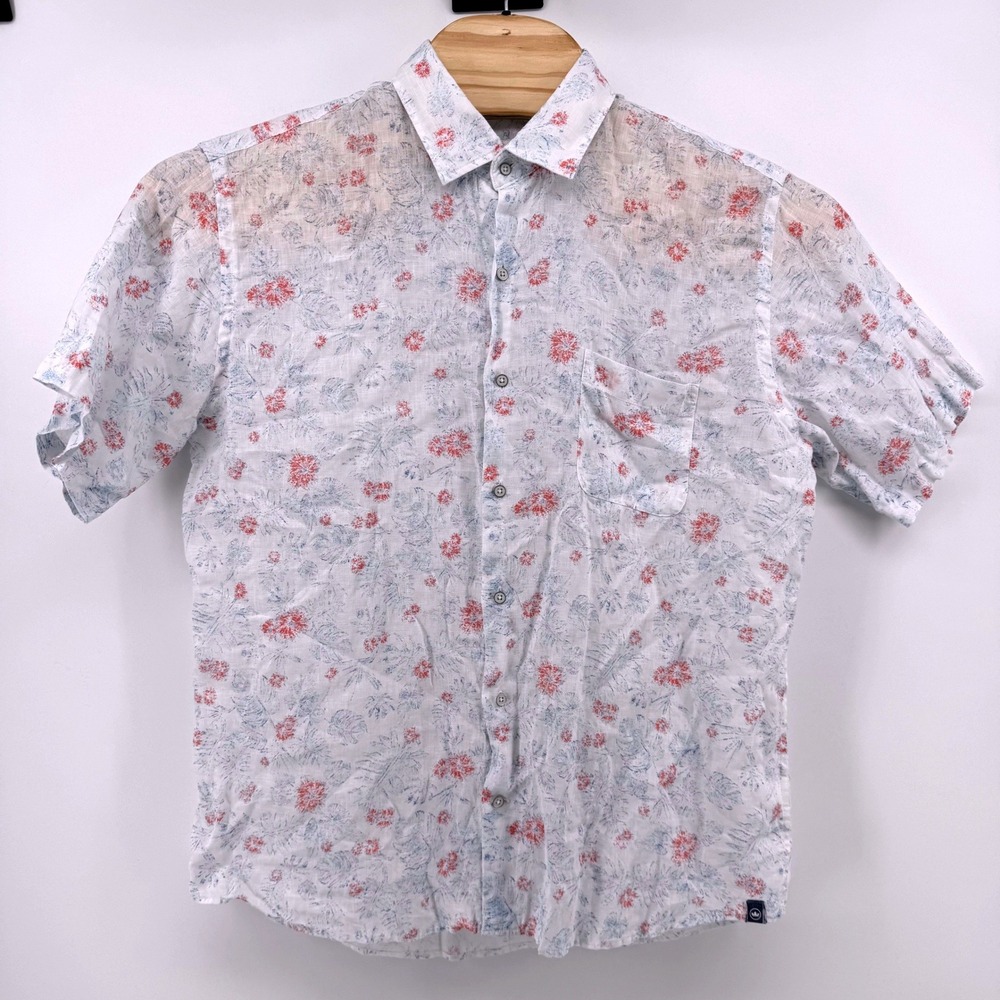 Peter Millar Linen Shirt Mens Large Linen White Red Blue Floral Short Sleeve - Picture 2 of 8
